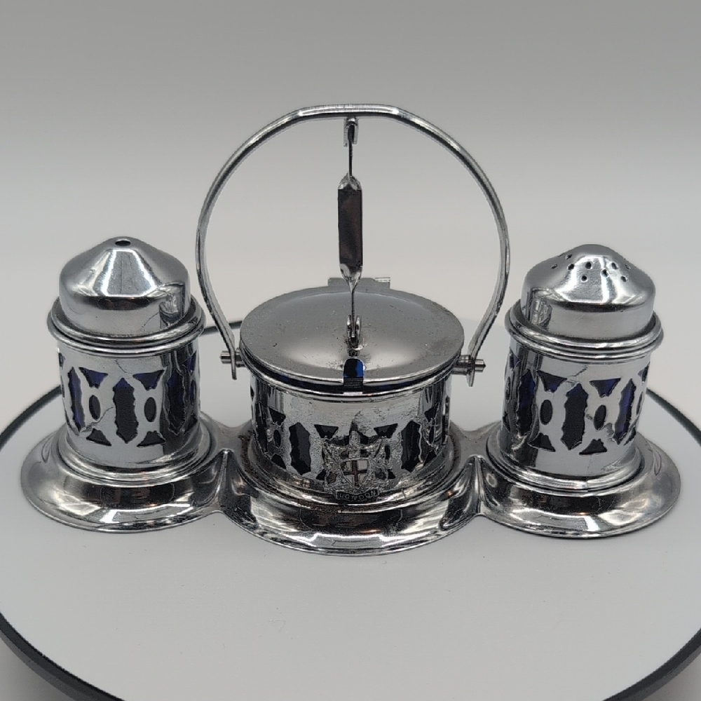 Silver Toned and Blue Condiment With Salt And Pepper Shakers Set
